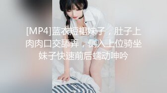 [MP4]蓝衣短裙妹子，肚子上肉肉口交舔弄，侧入上位骑坐妹子快速前后蠕动呻吟